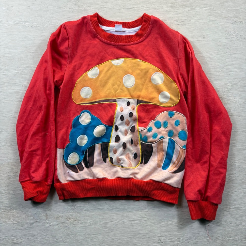 Girls Size 7 Red Mushroom Whimsical Nature Sweatshirt Long Sleeve Pullover